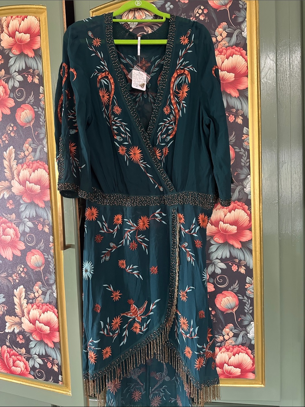 Free People Teal Wrap Midi Dress with Rust Floral Embroidery